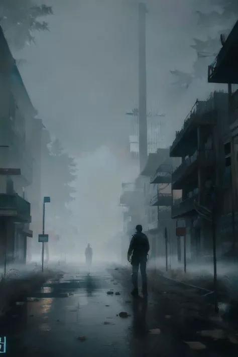 (a man walking alone in an abandoned village), silent hill, fog, mist, dark setting, very vivid lighting, detailed, (vibrant, photo realistic, realistic, sharp focus),