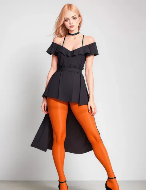full body shot, 20 yo dido, (seamless one tone tangerine_pantyhose), black_shirt, black shoes, black_mini_skirt, curvy,  hfashion outfit   <lora:hfashionv3:1>