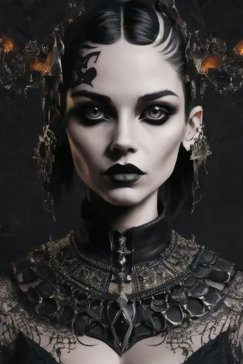 surreal
 illustration of a beautiful woman like rfcreaturae, hfashion, (in gothic style, with tattoos), short black straight hair, dressed in a hfashion outfit, (a ballroom background), in a square frame, antique glyphs, shadowy tendrils in background, surrounded by abstract shapes and symbols, symmetrical eyes, ultra highres, ultra realistic 8k, masterpiece, highly detailed, fine details best quality, hyperdetailed face, (highest quality), (best shadow), high contrast