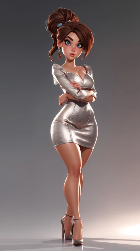 high detailed, masterpiece 1girl character in a silver dress, looking at viewer, perfect eyes, anime eyes, high heels, perfect hands, round breast, wide hips, thick thighs, updo hair, brown hair, ultra realistic digital art, a 3D render, photorealism, <lora:p3r3zstyle:0.8>