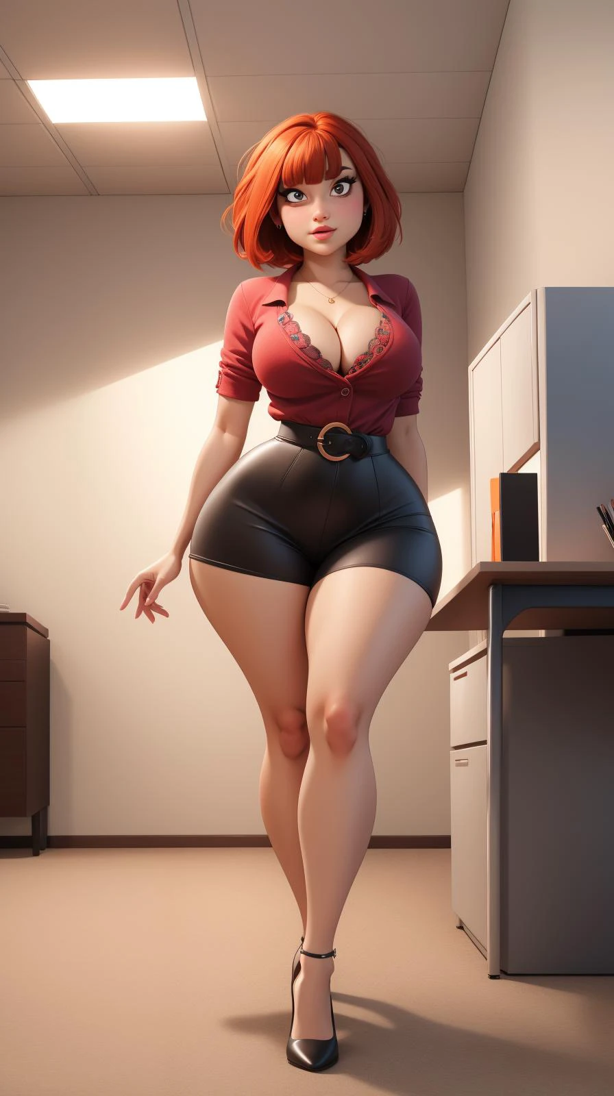 absurdres, [perfect shadows and lighting], detailed background, incredible high-key lighting, masterpiece, high quality, detailed, extremely detailed, ambient soft lighting, 4K, 1girl, thick thighs, thin waist, wide hips, curvy figure, cleavage, solo, indoors, warm colors, office, office clothing, red eyes, red hair, blunt bangs, sidelock, short hair, voluptuous, full body,  <lora:p3r3zstyle:0.8>