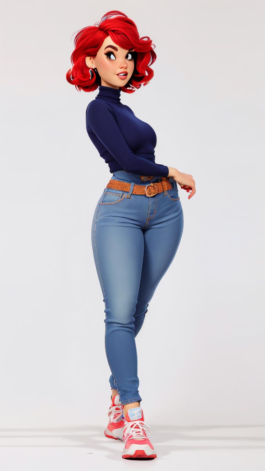 A woman in a blue shirt and jeans posing for a picture - SeaArt AI