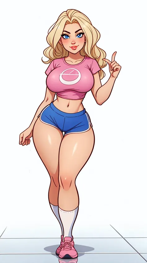 high detailed, masterpiece full body image of 1girl cartoon character, posing sexy, subtle smile, pouting, full lips, blonde hair, wavy hair, blue eyes, perfect hands, big breast, wide hips, thick thighs, pink tshirt, crop top, blue shorts, sport socks, sport shoes, simple scene, white background, white wall, shinny floor, white floor good hands good body tight bikini