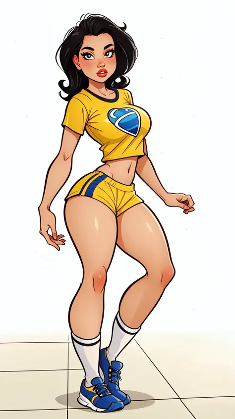 high detailed, masterpiece <lora:p3r3zstyle_v3:0.6> full body cartoon character image of <lora:Sexy-Brazilian:1> black curly hair, hazel eyes, full lips, perfect hands, big breasts, yellow tshirt crop top, blue shorts, white sport socks, sport shoes, simple scene, white background, white wall, shinny floor, white floor
