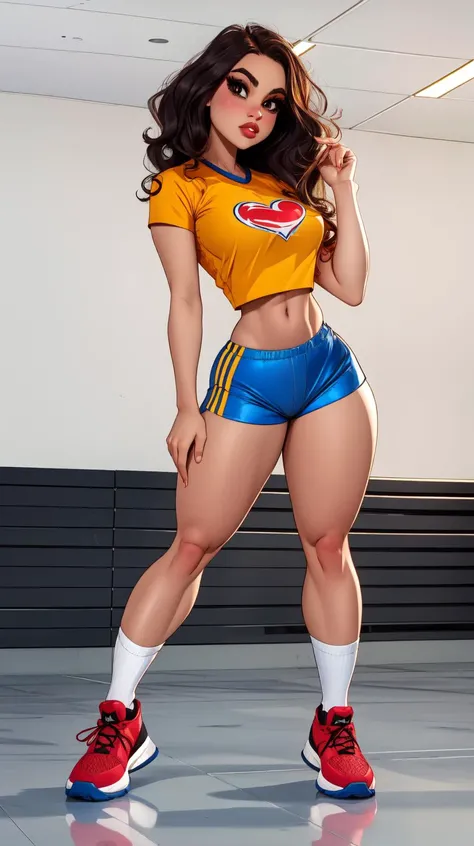 high detailed, masterpiece <lora:p3r3zstyle_v3:0.6> full body cartoon character image of  <lora:Sexy-Colombian:1>  black wavy hair, dark brown eyes, full lips, perfect hands, big breasts, yellow tshirt  crop top, blue shorts, red sport socks, sport shoes, simple scene, white background, white wall, shinny floor, white floor
