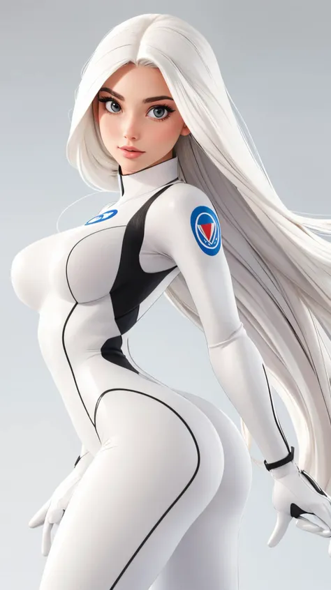 (masterpiece), best quality, expressive eyes, perfect face, highres, 1girl, solo, (female:1.5), danny phantom, white hair, long hair, white gloves, black bodysuit, standing, upper body, looking at the viewer