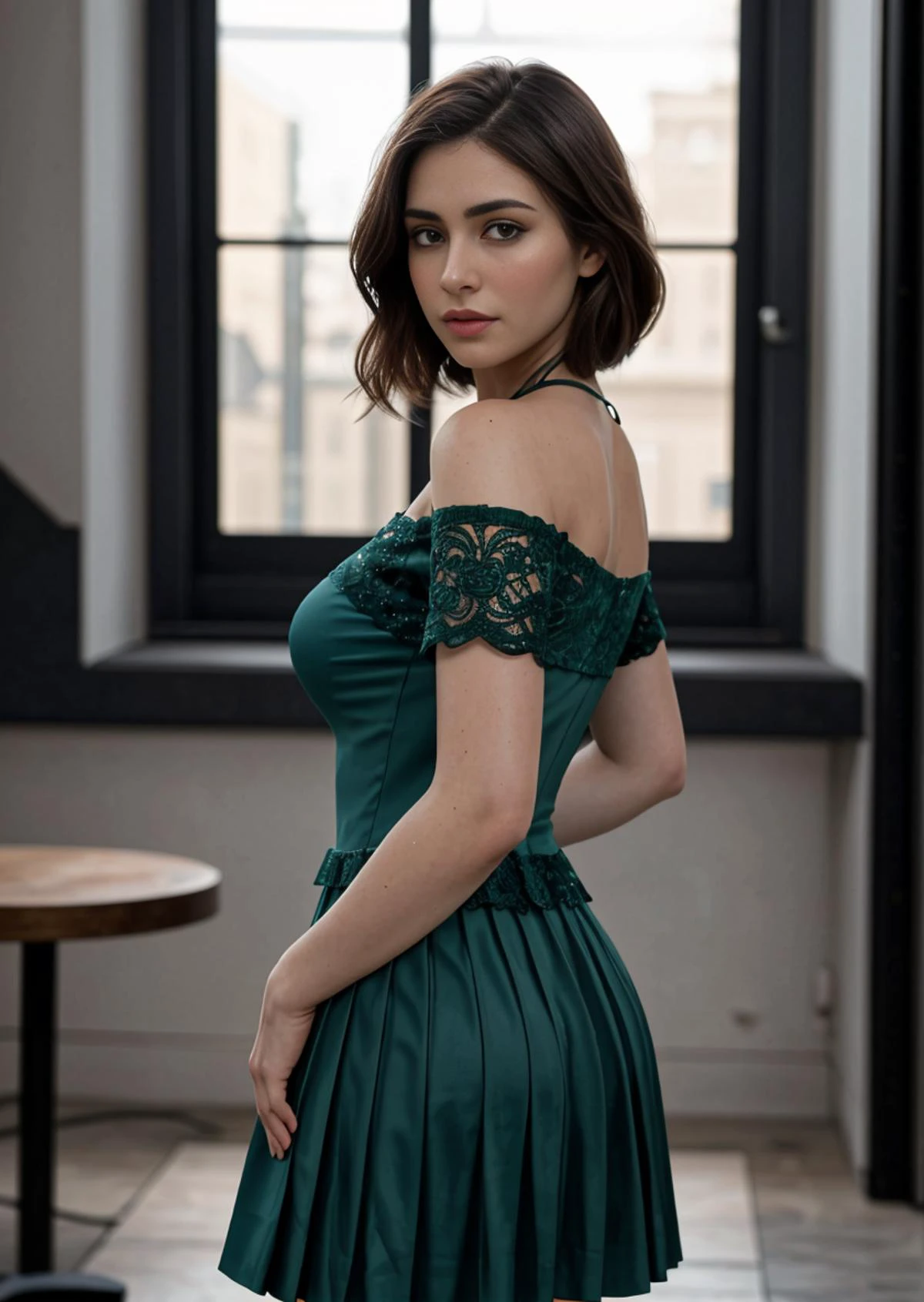 Hyperrealistic art <lora:p3r3zstyle_v2:0.1.6> 1girl, (masterpiece, realistic:1.3), (extremely intricate:1.2), (photorealistic:1.4), (extremely delicate), (ultra realistic:1.3), (hyperrealistic 3d render), hyperrealistic photography, extremely detailed CG unity 8k wallpaper, HDR, RAW photo, dslr, (instagram most viewed:1.3), front lighting, fantasy, elegant, highly detailed, lifelike, photorealistic, digital painting, (intricate details, hyperdetailed:1.15), (natural skin texture, hyperrealism, soft light, sharp:1.2), <lora:intricatedetails:0.18>, <lora:sharpen-soften:-0.44>, <lora:more_details:0.12>, <lora:epi_noiseoffset2:-0.28>, <lora:detail_slider_v4:0.34> <lora:improve_backgrounds:0.65>, (wearing Pleated Dress Color: Emerald Green Neckline: Scoop neck Applications: Formal events Details: Dress with pleats on the skirt for added volume and movement with intricate lace:1.8), ((turned away but looking back over her shoulder:1.5)) . Extremely high-resolution details, photographic, realism pushed to extreme, fine texture, incredibly lifelike<lora:LCM_pytorch_lora_weights(1):1.0><lora:LCM_pytorch_lora_weights(1):1.0>