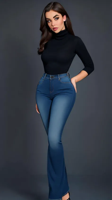 <lora:MA-FRAN-SD15:1>, perfect face, detailed face, eyes looking at viewer, perfect hands, (black turtleneck, blue denim jeans), hair behind ears, beautiful perfect body, highres, masterpiece, simple background, clean background, grey background, <lora:p3r3zstyle_v2:0.25> <lora:LowRA:0.9>