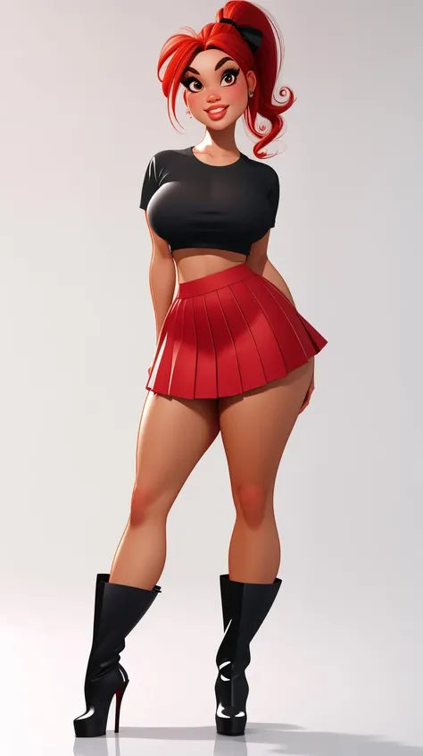 high detailed, masterpiece <lora:p3r3zstyle_v2:1> 1girl cartoon character, posing sexy, subtle smile,  pouting, full lips, red hair,  high ponytail, brown eyes, perfect hands, big breast, wide hips, thick thighs, black tshirt, crop top, red skirt, red high heel boots, ultra realistic digital art, a 3D render, photorealism, clean scene, white background, white wall, shinny floor, white floor