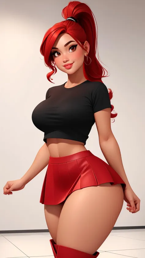 high detailed, masterpiece <lora:p3r3zstyle_v2:0.6> 1girl, posing sexy, subtle smile,  pouting, full lips, red hair,  high ponytail, brown eyes, perfect hands, big breast, wide hips, thick thighs, black tshirt, crop top, red skirt, red high heel boots, clean scene, white background, white wall, shinny floor, white floor