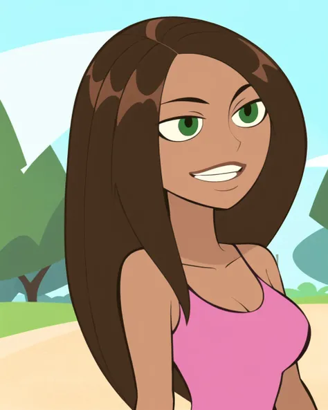kim possible style, masterpiece, best quality, 1girl, brown hair, dark skin, solo, dark-skinned female, long hair, green eyes, upper body, breasts, bare shoulders, teeth, parody, looking to the side, smile, medium breasts, <lora:kim_possible_offset:1>