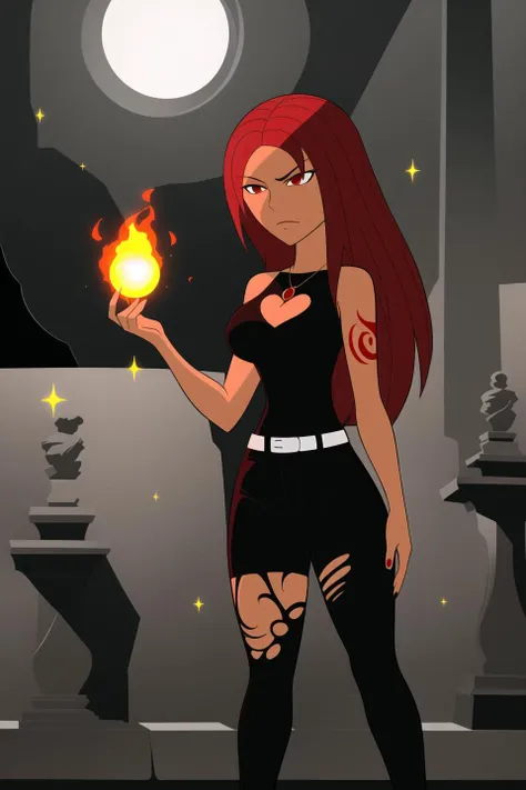 ben10, female focus, solo, upper body, 1girl, human, sorceress, medium breasts, (muscular, abs, biceps:0.8), arms crossed, (tan skin:1.1), short red hair, (tattoos:1.1), red eyes, (scowling:0.8), half smile, ruby pendant, jewelry, red sleeveless shirt, cleavage cutout, black pants, belt, chain, indoors, (crystals:0.9), ancient temple, sun symbol, fire symbol, crimson magic, stone altar, (runes:1.1), statues, pillars, tapestry, detailed background, DnD, <lora:ben10_offset:1>