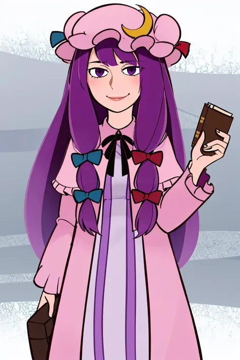<lora:kim_possible_offset:1>, kim possible style,
patchouli knowledge, 1girl, dress, (purple hair, purple eyes:1), long hair, mob cap, crescent hat ornament, ribbon, dress, <lora:patchouli:0.9>, smile,