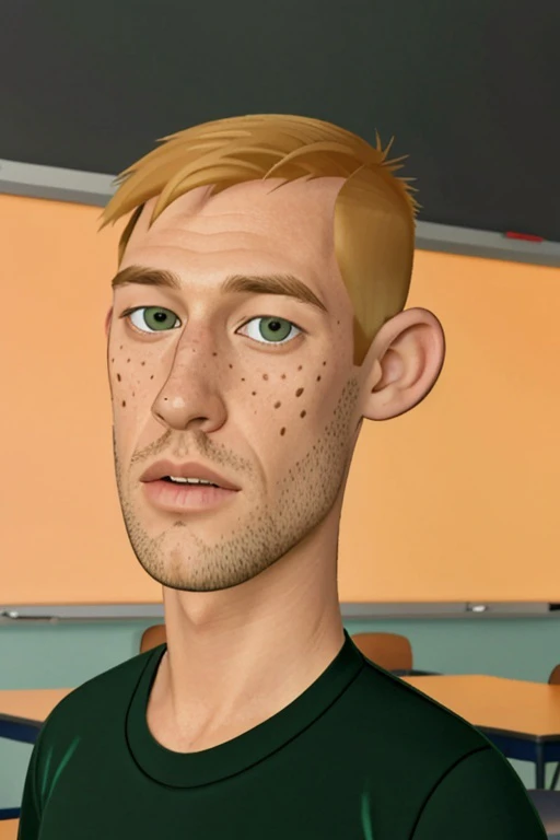kim possible style, masterpiece, best quality, solo, blonde hair, 1boy, male focus, parody, shirt, brown eyes, upper body, open mouth, style parody, classroom, freckles, indoors, green shirt, <lora:kim_possible_offset:1>