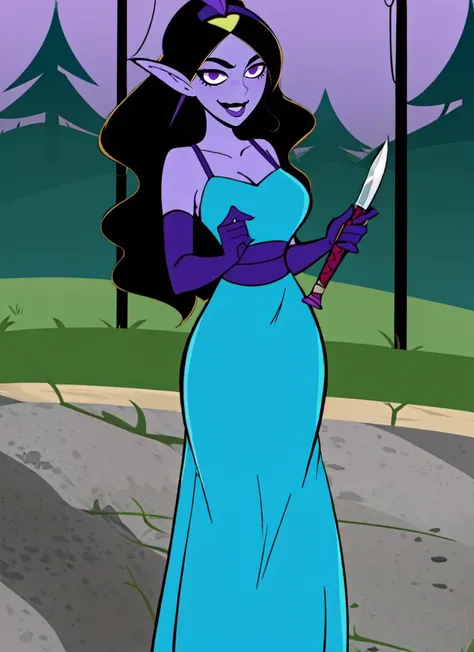 ((masterpiece,best quality)), absurdres, <lora:Desiree_Danny_Phantom:0.9>, Desiree_Danny_Phantom, solo, hair over one eye, smiling, looking at viewer, cowboy shot, cinematic composition, dynamic pose, super crown, red eyes, green skin, a scene involving one (mesogts) woman, (minigts), thick thighs, thick waist, (gigantic breasts), looking at viewer, leaning against second floor balcony outside house, outside, solo, car, sidewalk, road, torn clothes, yard, trees, outside a two story home, shiplap siding, blue house with white trim, gable roof, shingles, brick walkway, garden, flowers