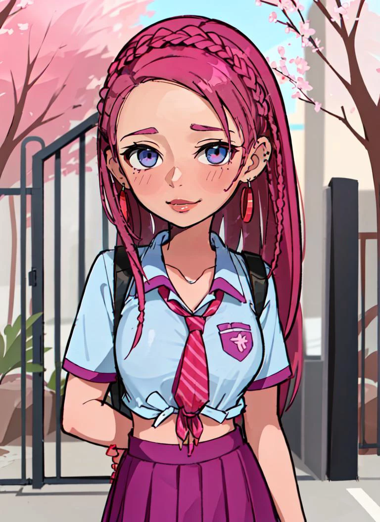 ((best quality)), ((highly detailed)), masterpiece, absurdres, (detailed eyes, deep eyes), (1girl), upper body, gyaru, (((multicolored hair))), ((blonde hair and pink hair and purple)), <lora:dreads_hairstyle:.6>, (dreads_hairstyle:1.3), streaked hair, soft pink hair, blue eyes, smiling, medium breasts, makeup, long nails, jewelry, earrings, bracelets, piercings, scrunchies, school uniform, white shirt, ((tied shirt:1.2)), loose necktie, midriff, pleated skirt, thighhighs, loafers, (outside, <lora:school_outdoors_v0.2:1>, at a school, building, gate, fence, trees, cherry blossoms, noon), <lora:kim_possible_offset:.9>, kim possible