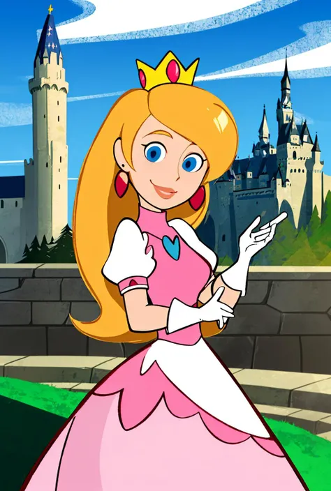 kim possible style, masterpiece, best quality, solo,1girl, solo, long hair, looking at viewer, smile, blue eyes, blonde hair, gloves,castle in background, dress, jewelry, earrings, elbow gloves, puffy sleeves, white gloves, puffy short sleeves, lips, crown, pink dress, princess peach, cel shaded, <lora:kim_possible_offset:1>