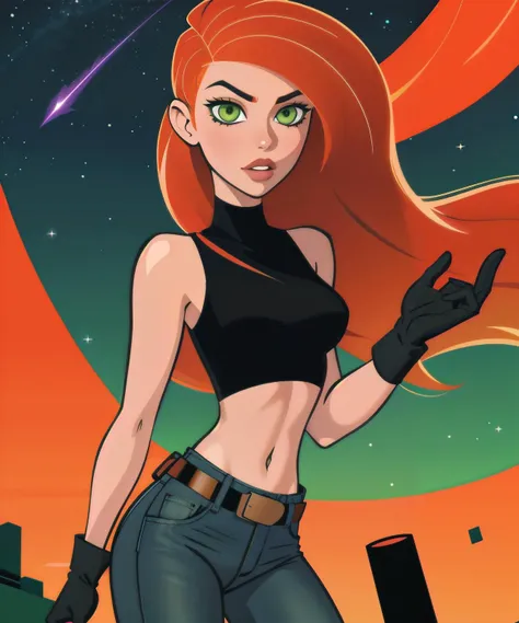 original-art, lineart, inked, 1girl, green eyes, long hair, orange hair, kim possible, jeans, black top, black gloves, midriff, belt ,<lora:kim_possible_offset:0.7>, night sky background