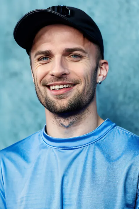 squeezie, 1boy,portrait, upper body, blue_shirt, black_cap, ,beautiful face, smiling, <lora:squeezie_youtuber-10:0.9>