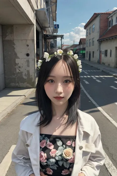 1girl, a young woman, upper body, (looking at viewer:1.3), (schoolgirl jacket), (flower crown), (beautiful city, beautiful sky background), natural skin color, (closed mouth:1.2), (medium breast), floating hair, beautiful expression, face detailed, eyes detailed, iris detailed, masterpiece, best quality, photorealistic, hyper realistic, ultra detailed, perfect lighting, depth of field, shadows, highres, <lora:sayhello0o-v1-twicemina:1>