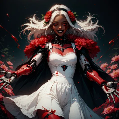 (score_9, score_8_up, score_7_up, zPDXL),
BREAK
(outdoors:1.0), (tall flowers:1.1), (lycoris flower:1.0), (red spider lily flower:1.0),
BREAK,
dark-skinned female, (cowboy shot:1.1), (1girl:1.0), (white hair:1.1), (white dress:1.1), (sadistic:1.0), (evil:1.0), (sinister:1.0), (hysterical:1.1), (smiling:1.0), (psycho:1.1), (bloodstains:1.1), (blood splatter:1.1), (covered in blood:1.2), (blood:1.2), (CryingBlood:1.0), (looking at viewer:1.0), black lipstick, red skinhighly detailed, female focus, robot, cyborg , android, mechanical arms, cybernetic neck, bionic torso, bionic skin, reaching towards viewer,
BREAK,
(horror:1.0), (noir:1.0), (red:1.1), (crimson:1.1),
BREAK
thick lineart, sharp edges, cel shading, linear hatching, black and white comic-noir aesthetics, film noir atmosphere, high contrast, duotone,