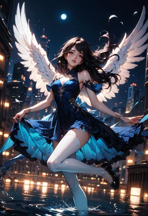 (score_9, score_8_up), score_7_up,  1girl, long hair, crying, water, dancing, falling, floating hair, city, black shoes, white leggings, bangs, black hair, brown eyes, black dress, parted lips, blue dress, eyelashes, night, city, vibrant lights, feathered wings, wings, feathers, water droplets,