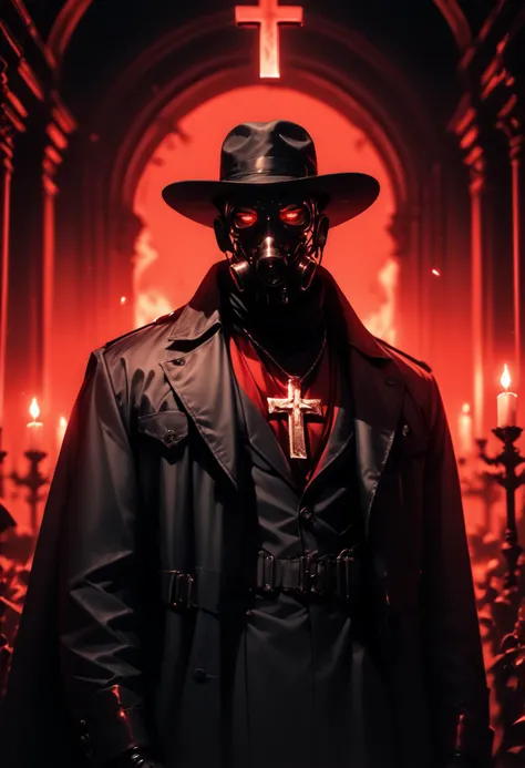 (score_9, score_8_up), score_7_up, 1boy, jewelry, standing, gas mask, arms out, arms up, black gloves, male focus, coat, chain, mask, glowing, glowing eyes, candle, night, crimson sky, red theme, black coat, dark, black sky, fedora, high contrast, dark lighting, mask, cinematic, cross necklace,
blurry, depth of field, CINE,
<lora:CINE-000012:0.8> <lora:wildywest-000009:0.5>