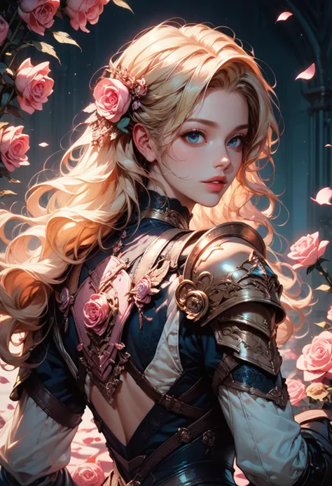 (score_9, score_8_up), score_7_up,  1girl, long hair, looking at viewer, blue eyes, blonde hair, long sleeves, upper body, flower, parted lips, looking back, from behind, armor, uniform, lips, petals, rose, wavy hair, shoulder armor, pink flower, pink rose