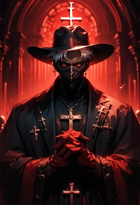 (score_9, score_8_up), score_7_up,  looking at viewer, short hair, red eyes, gloves, long sleeves, 1boy, jewelry, white hair, dark skin, necklace, mask,  dark-skinned male, own hands together, cross, mouth mask, cross necklace, night, crimson sky, red theme, black coat, dark, fedora, high contrast, dark lighting, glowing red eyes, cinematic, cross necklace, backlighting,
blurry, depth of field, CINE, 
<lora:CINE-000012:0.7>  <lora:wildywest-000009:0.5>