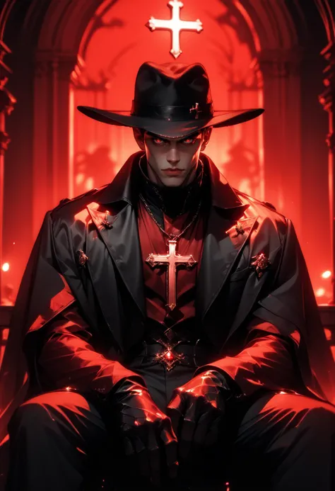 (score_9, score_8_up), score_7_up, looking at viewer, gloves, long sleeves, 1boy, hat, sitting, jacket, male focus, no face, silhouette, black gloves, black pants, coat, black jacket, black headwear, night, crimson sky, red theme, black coat, dark, fedora, high contrast, dark lighting, glowing red eyes, cinematic, cross necklace, backlighting,
blurry, depth of field, CINE,
<lora:CINE-000012:0.8> <lora:wildywest-000009:0.5>