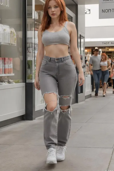 masterpiece, photorealistic ultra-detailed raw image, redhead young girl, full boody view, a voluptous woman in grey bjeans, best quality, walking inside a shop with people on background <lora:bjeans:0.7>