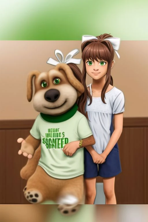 ishowspeed and talking ben, monika, green eyes, brown hair, very long hair, ponytail, hair ribbon, white ribbon