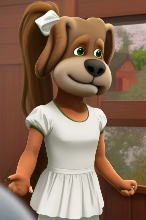 ishowspeed and talking ben, monika, green eyes, brown hair, very long hair, ponytail, hair ribbon, white ribbon