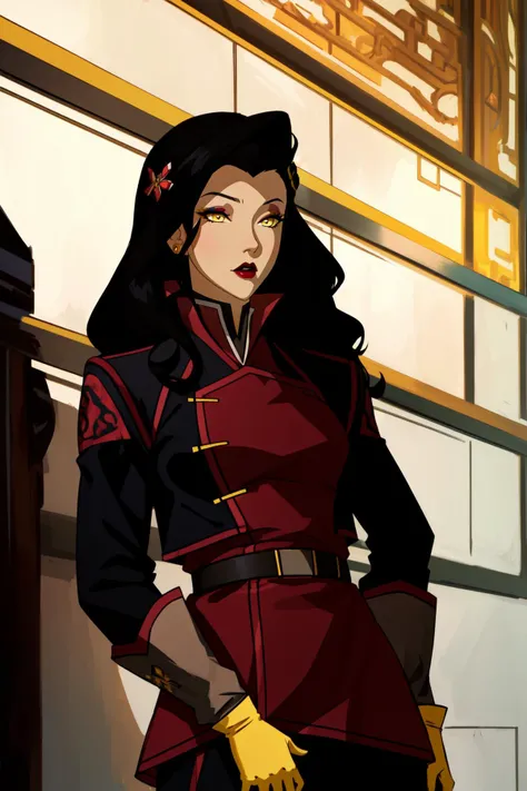 (masterpiece, best quality), intricate details,
1girl, <lora:asami-lyco-nochekaiser:0.8> asami, long hair, black hair, (yellow eyes:1.5),, jacket, belt, makeup, lipstick, red lips,, hair ornament, dress, sleeveless, makeup, chinese clothes, lipstick,, gloves, long sleeves, jacket, pants, uniform, military, military uniform, makeup, lipstick,,