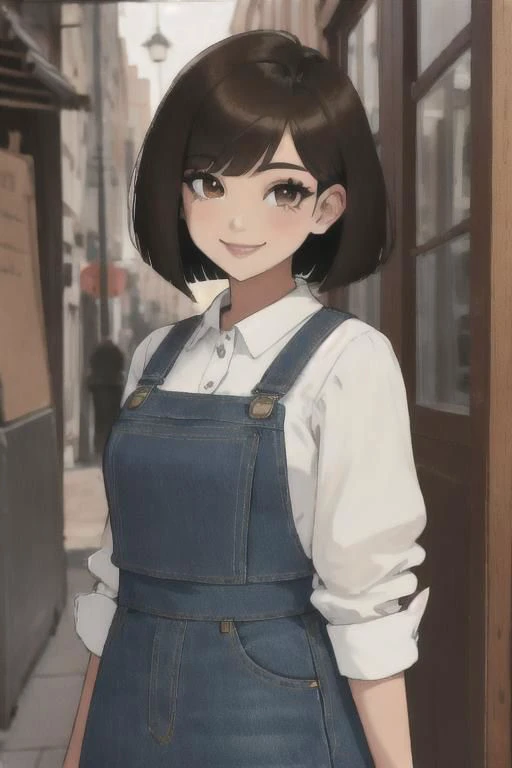 ((masterpiece,intricate details)),1girl,mature female,bob cut,brown eyes,smile,, Classic denim midi skirts ((upper body))