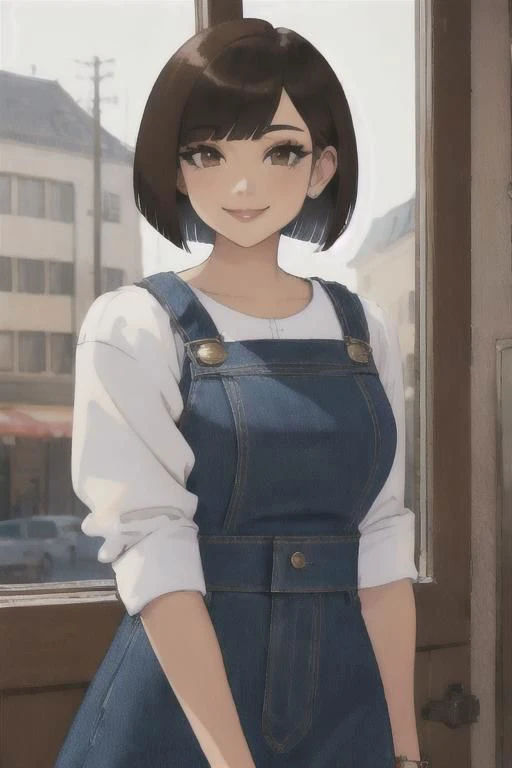 ((masterpiece,intricate details)),1girl,mature female,bob cut,brown eyes,smile,, Classic denim midi skirts ((upper body))