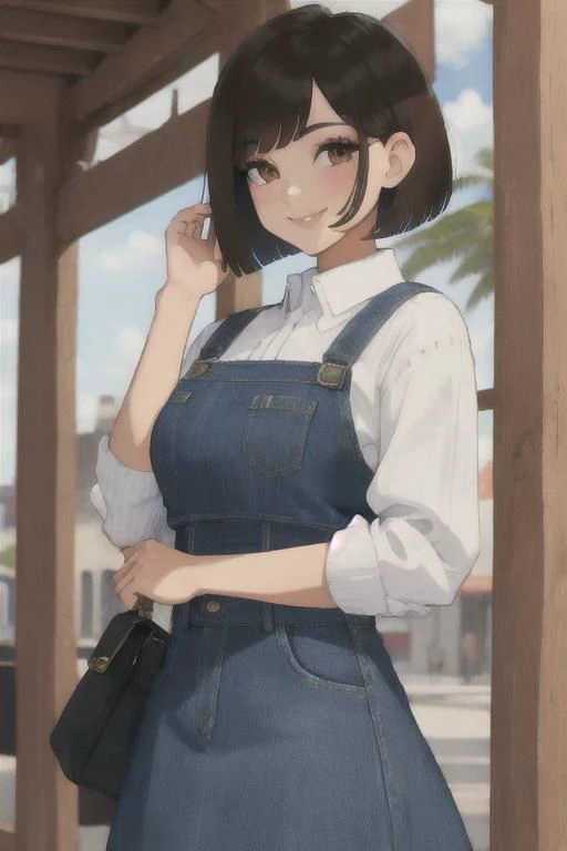 ((masterpiece,intricate details)),1girl,mature female,bob cut,brown eyes,smile,, Classic denim midi skirts ((upper body))