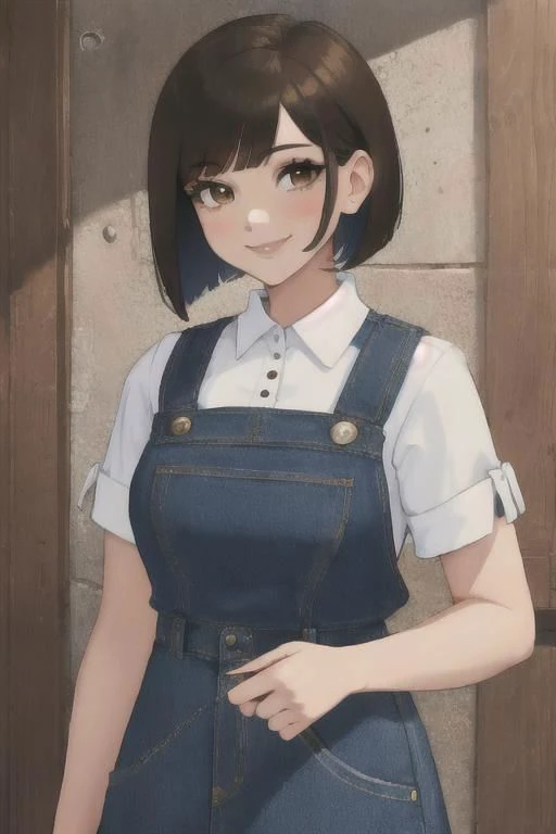 ((masterpiece,intricate details)),1girl,mature female,bob cut,brown eyes,smile,, Classic denim midi skirts ((upper body))