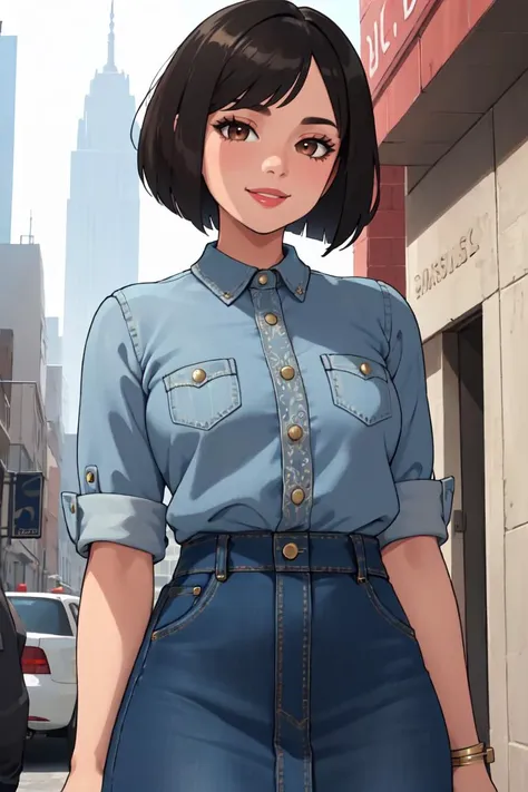 ((masterpiece,intricate details)),1girl,mature female,bob cut,brown eyes,smile,,
Classic denim midi skirts
((upper body))