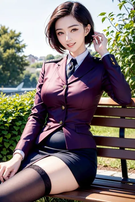 woman, realistic, police uniform, policewoman, <lora:fbb-000008:0.7> ((travel attendant,stewardess) ),(smiling:1.1),(shiny skin:1.1),blush,
(looking at viewer),

( on bench, ,hand on own head,garden),toned,muscular,stockings,
, masterpiece, highest quality, highres,absurdres,realistic,