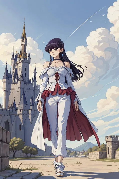 masterpiece, (Komi Shouko:1.2), 1girl, solo, (tall knight girl:1.3),  medium breasts, long legs, (fantasy  armored chest:1.3), (white fantasy blouse with frills:1.3), light blue fluttering cloak, (fantasy baggy pants:1.2), armored Knees, (standing straight:1.2),  (fantasy castle square:1.4), full body, (open shoulders:1.3), perfect face, choker, jewelry, summer,  sun, clouds, white bricks,