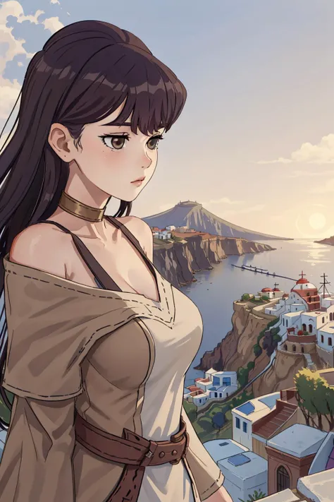 masterpiece, (Komi Shouko:1.2), 1girl, solo, tall elengant girl, medium breasts, long legs, (greece beige tunic:1.3), straight pose, narrow street, brick walls, (fantasy mountain cliff:1.4), close-up portrait, (open shoulders:1.3), perfect face, bronze choker