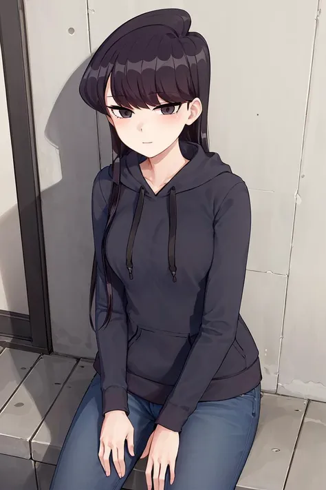 masterpiece, best quality, 1girl, solo, komi-san wa komyushou desu, (black hoodie:1.2), jeans, sitting, looking at viewer, street, wall, cowboy shot <lora:Komi Shouko:0.6>