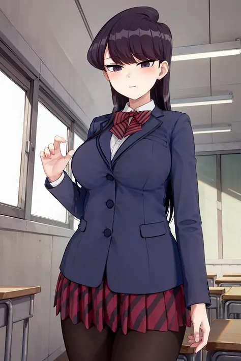 masterpiece, best quality, 1girl, solo, komi-san wa komyushou desu, ks school uniform, blue jacket, white shirt, striped bowtie, red skirt, black pantyhose, looking at viewer, (classroom), cowboy shot <lora:Komi Shouko:0.6>