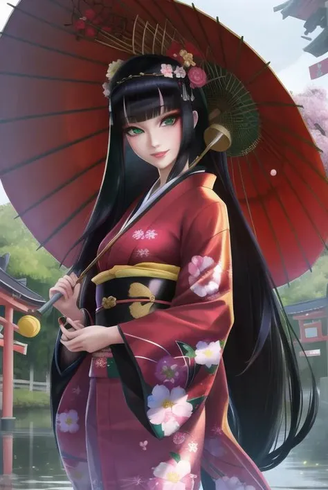 <lora:fanfoxy:0.8>, fanfoxy, masterpiece, best quality, 1girl, japanese clothes, umbrella, long hair, solo, kimono, oil-paper umbrella, black hair, looking at viewer, smile, bangs, sash, green eyes, holding, floral print, obi, standing, blunt bangs, torii