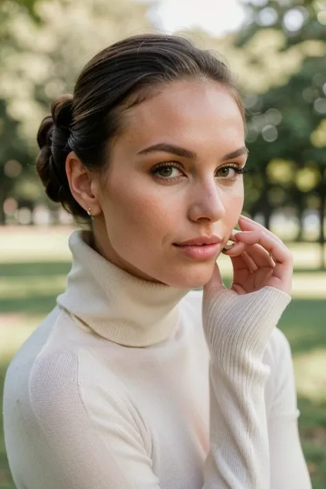 headshot of ,a gorgeous woman,in a (park:1.1),wearing a (turtleneck:1.1),(updo-hair),(4k, RAW photo, best quality, 50mm, depth of field, ultra high res:1.1),(intricate, photorealistic, cinematic-shot, masterpiece, ultra-detailed:1.1), SB_Meike
