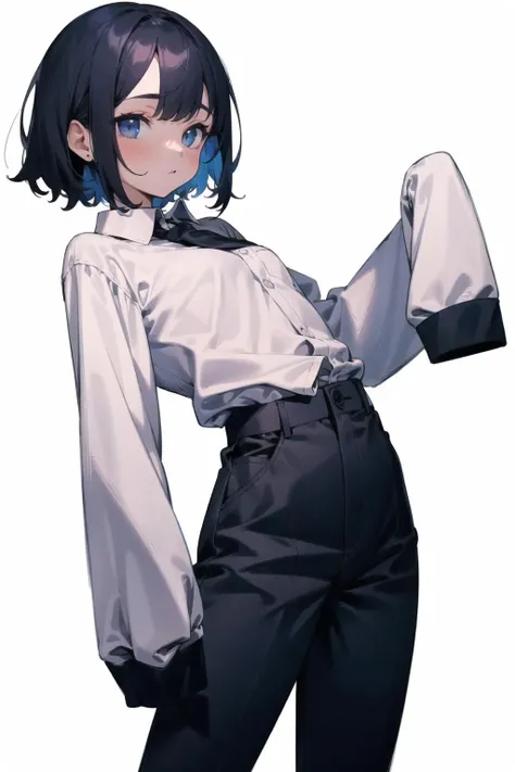 1girl, solo, (sleeves past wrists:1.2), (sleeves past fingers:1.2), long sleeves, white shirt, collared shirt, long pants, white background, simple background <lora:moesode:1.0>