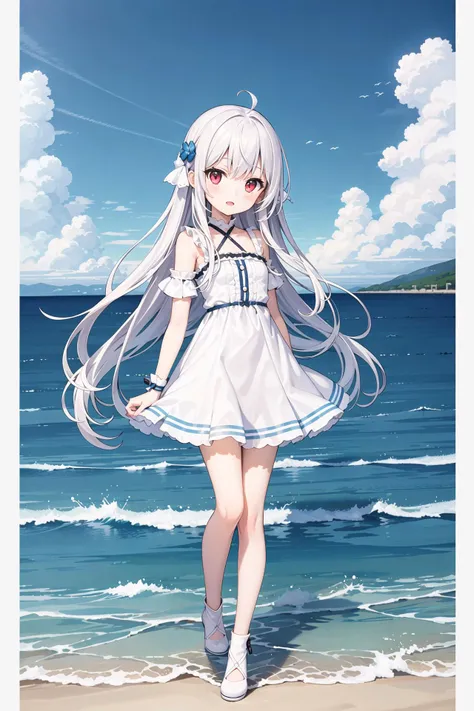 (((masterpiece))), best quality, illustration, young girl, 1girl with light white long hair, beautiful detailed red eyes, light white long straight hair, ((cute)), cute face, (petite), full body, solo, solo focus, standing, sea, sky