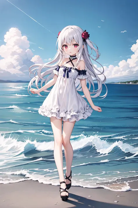 (((masterpiece))), best quality, illustration, young girl, 1girl with light white long hair, beautiful detailed red eyes, light white long straight hair, ((cute)), cute face, (petite), full body, solo, solo focus, standing, sea, sky