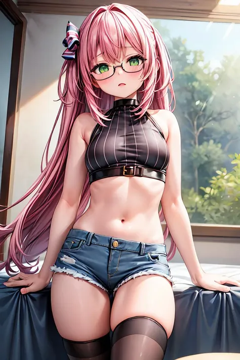 (masterpiece, best quality), 1girl, small breasts, small hips, green eyes, pink hair, crop top, denim shorts, bedroom, striped thighhighs, pervert, petite, glasses, <lora:add_detail:1>,